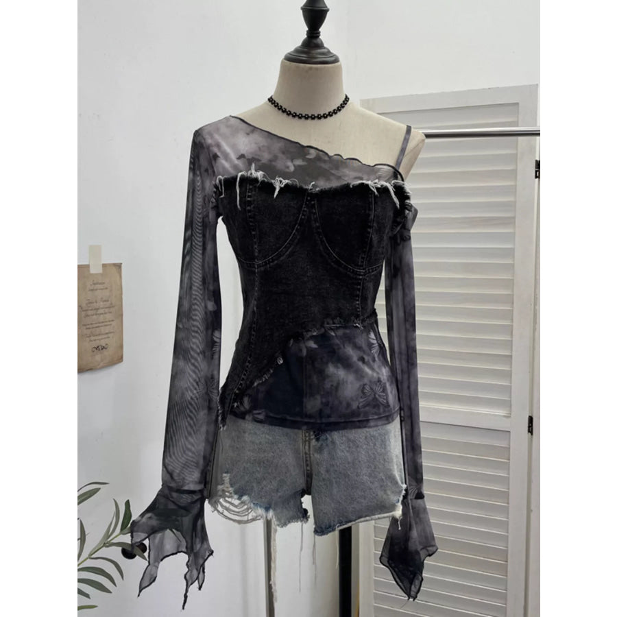 Asymmetrical Neck Denim Patchwork Top Gray Black / One Size Apparel and Accessories