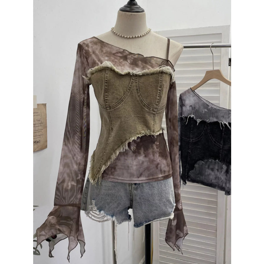 Asymmetrical Neck Denim Patchwork Top Khaki / One Size Apparel and Accessories