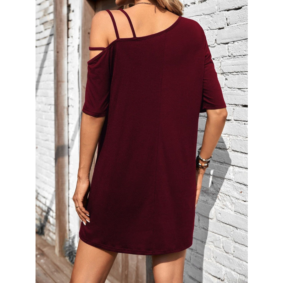 Asymmetrical Neck Half Sleeve Mini Dress Apparel and Accessories