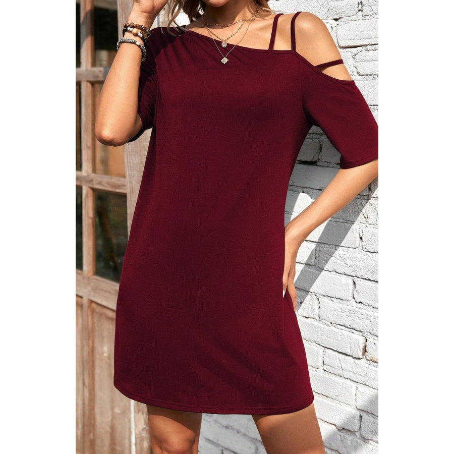 Asymmetrical Neck Half Sleeve Mini Dress Apparel and Accessories