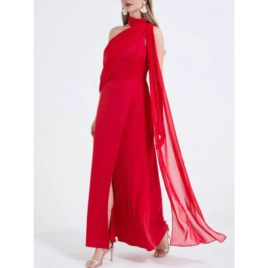 Asymmetrical Neck High Slit Maxi Dress Apparel and Accessories