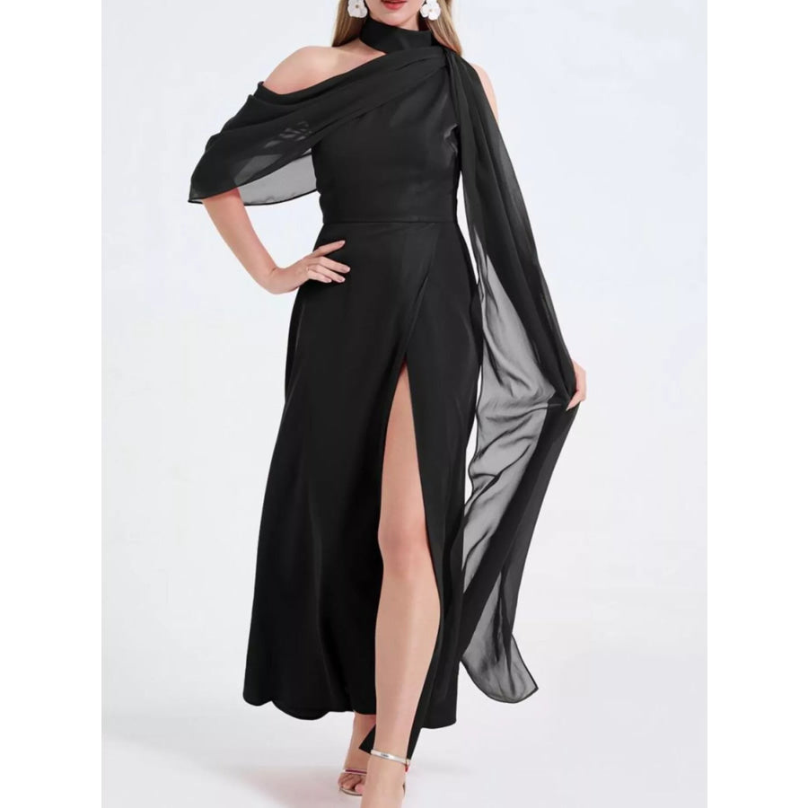 Asymmetrical Neck High Slit Maxi Dress Apparel and Accessories
