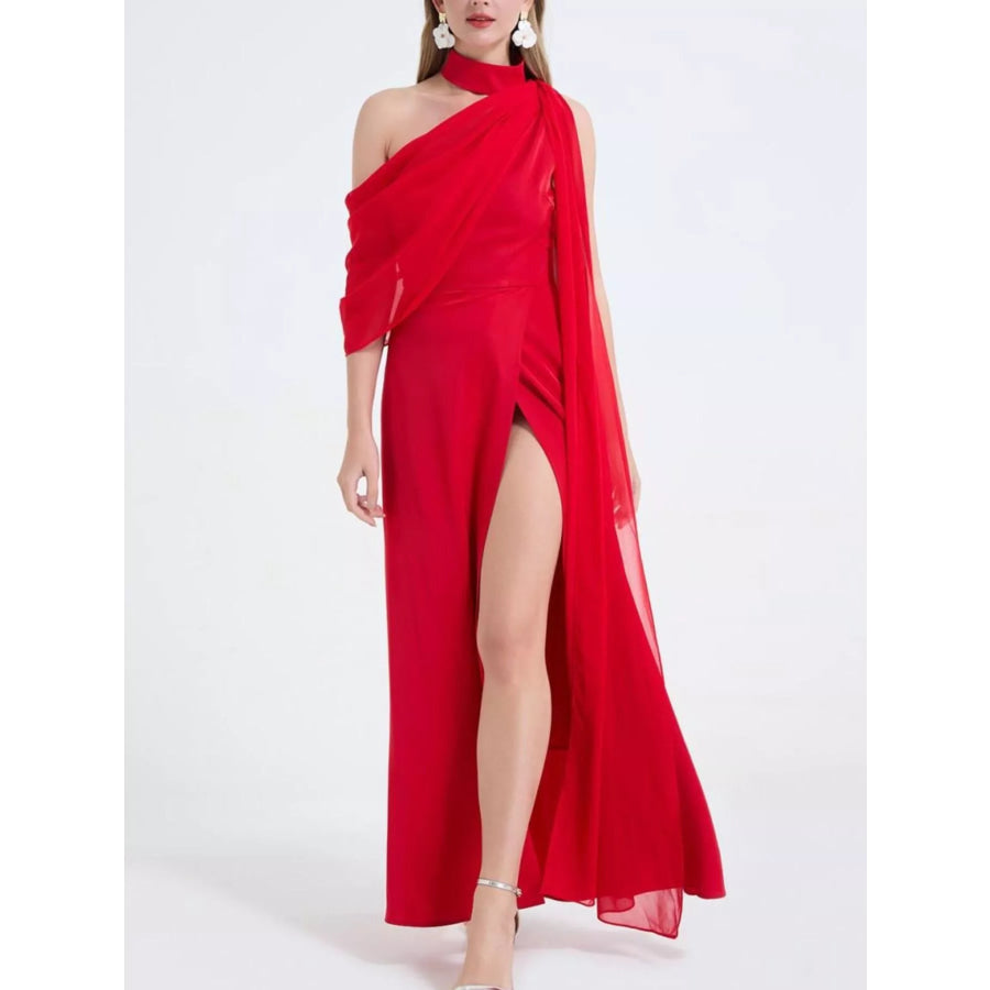 Asymmetrical Neck High Slit Maxi Dress Apparel and Accessories