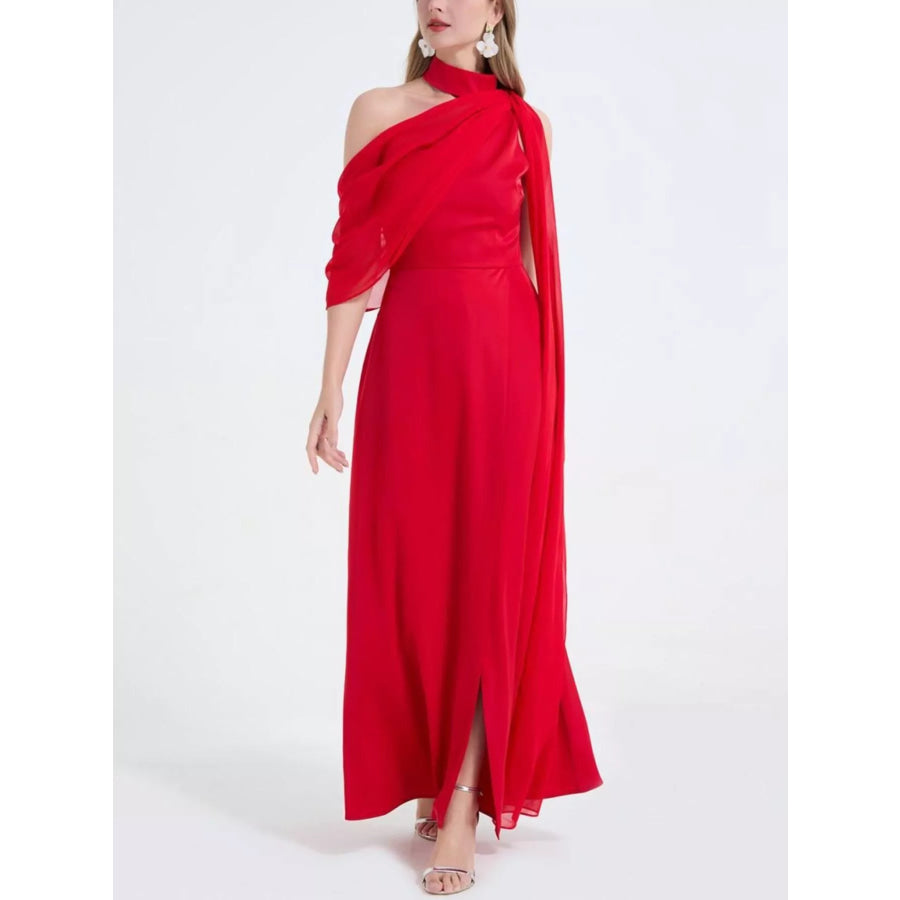 Asymmetrical Neck High Slit Maxi Dress Apparel and Accessories