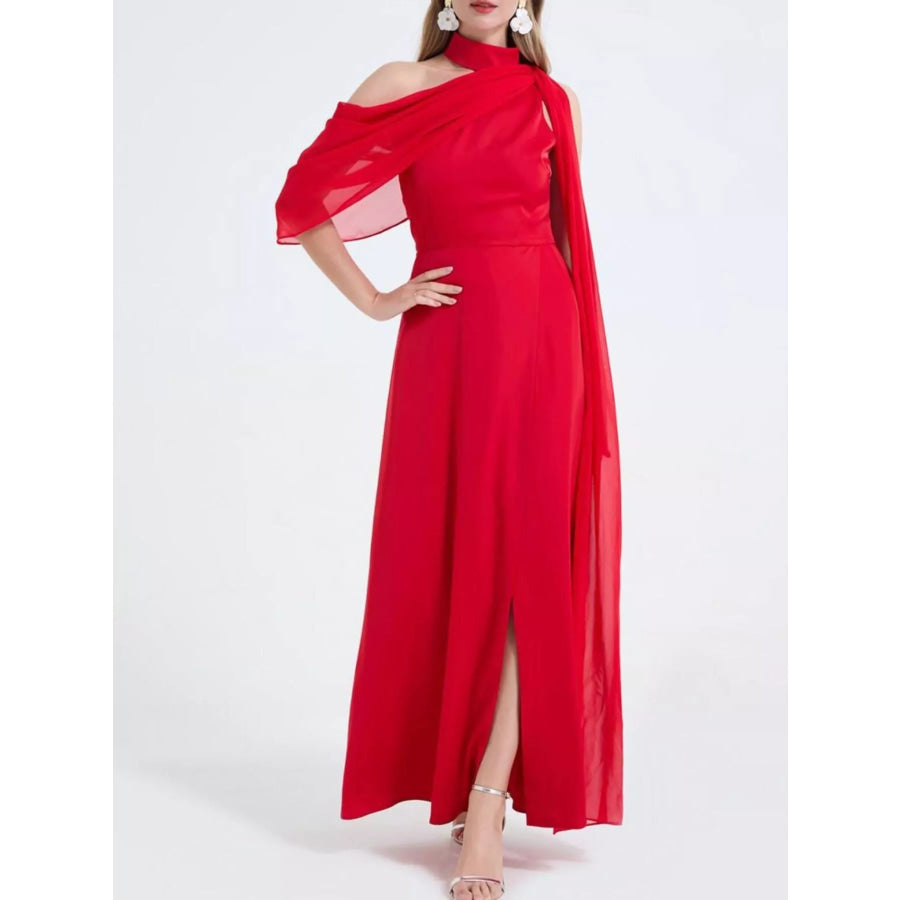 Asymmetrical Neck High Slit Maxi Dress Apparel and Accessories