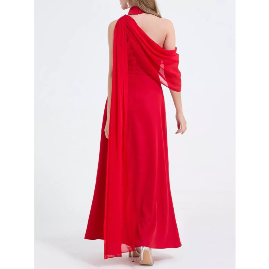 Asymmetrical Neck High Slit Maxi Dress Apparel and Accessories