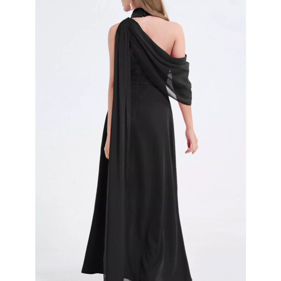 Asymmetrical Neck High Slit Maxi Dress Apparel and Accessories