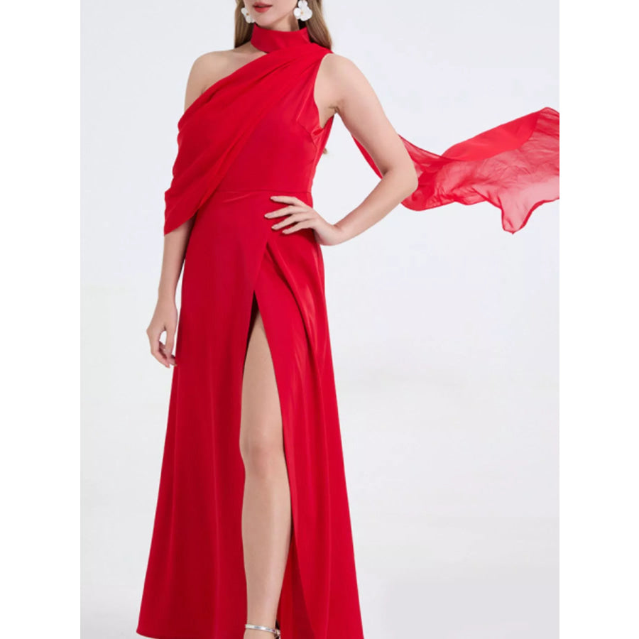 Asymmetrical Neck High Slit Maxi Dress Apparel and Accessories
