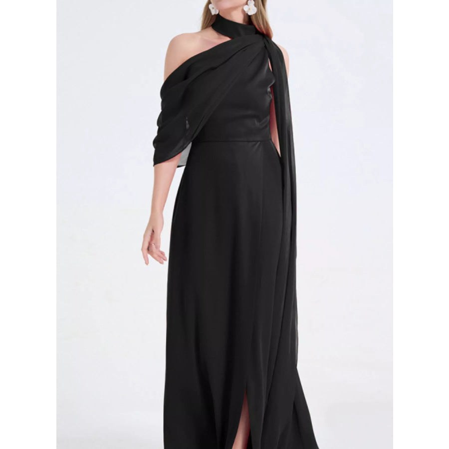 Asymmetrical Neck High Slit Maxi Dress Black / S Apparel and Accessories
