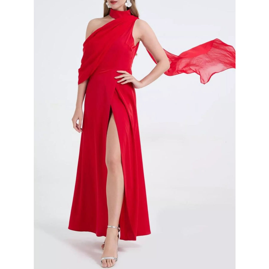 Asymmetrical Neck High Slit Maxi Dress Red / S Apparel and Accessories