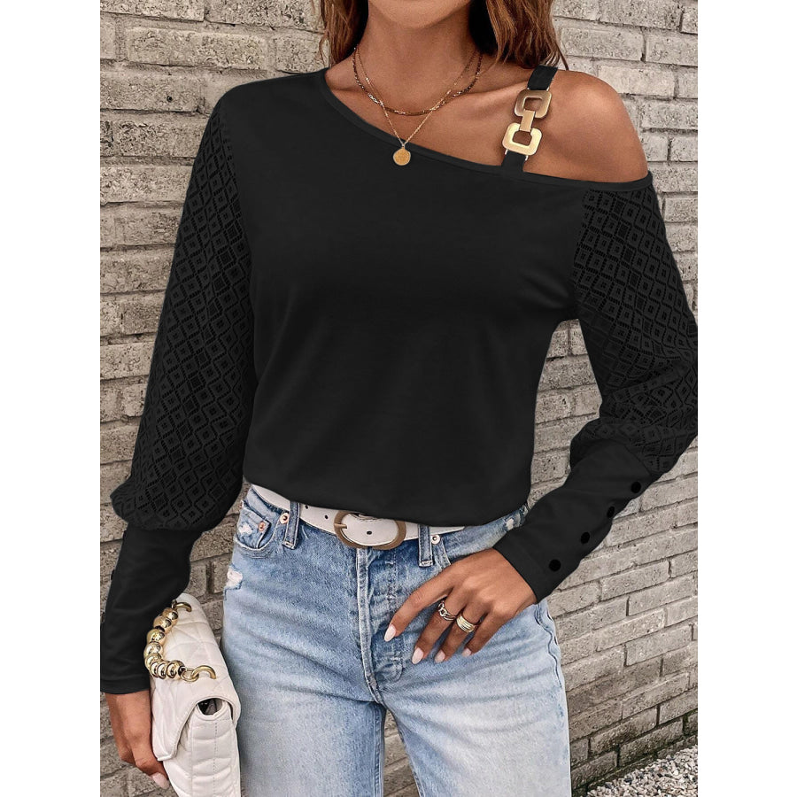 Asymmetrical Neck Lace Long Sleeve T - Shirt Black / S Apparel and Accessories