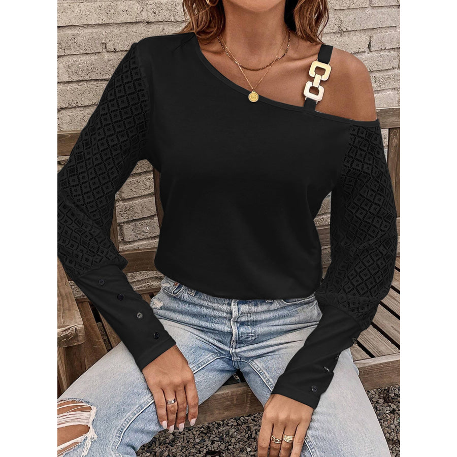 Asymmetrical Neck Lace Long Sleeve T - Shirt Black / S Apparel and Accessories