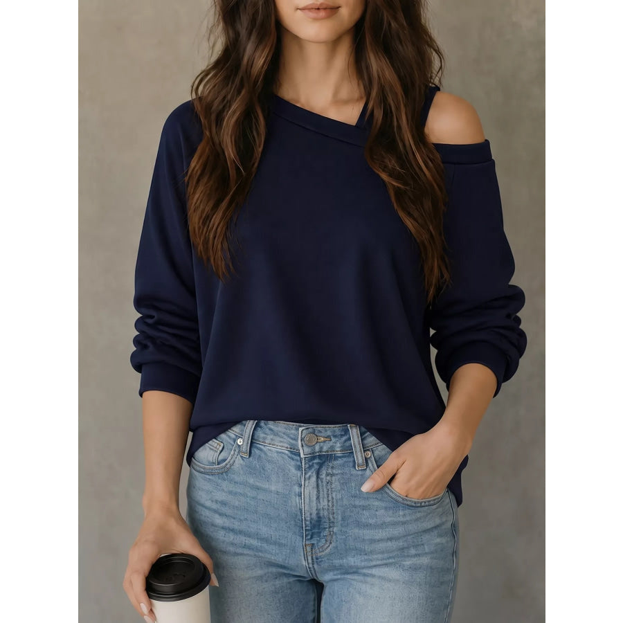 Asymmetrical Neck Long Sleeve Blouse Dark Navy / S Apparel and Accessories