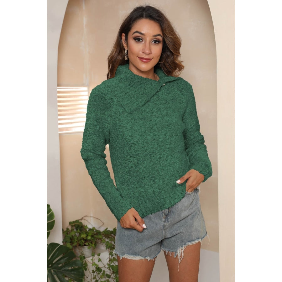 Asymmetrical Neck Long Sleeve Pullover Sweater Green / S