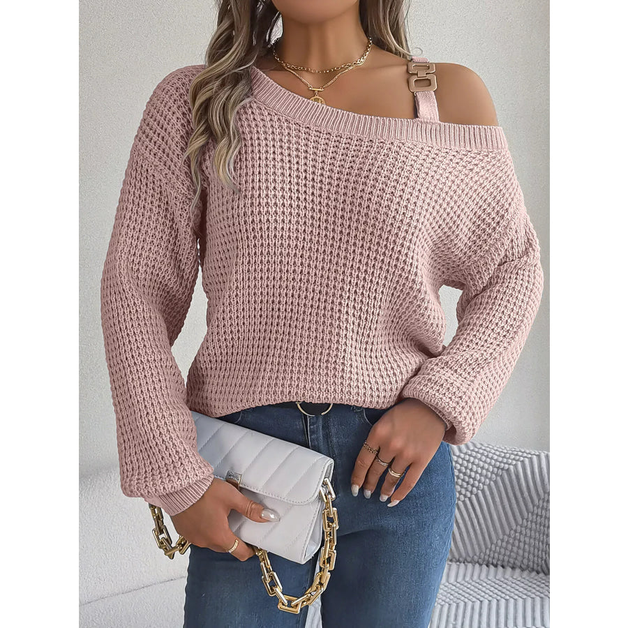 Asymmetrical Neck Long Sleeve Sweater Dusty Pink / S Apparel and Accessories