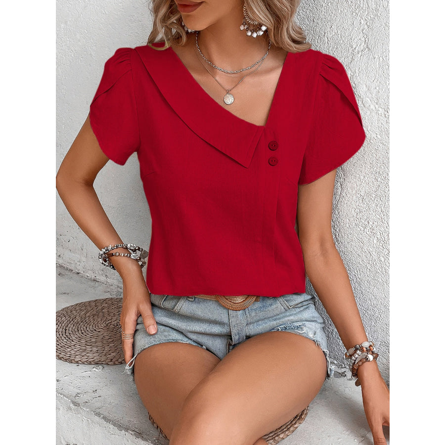 Asymmetrical Neck Petal Sleeve Blouse Apparel and Accessories