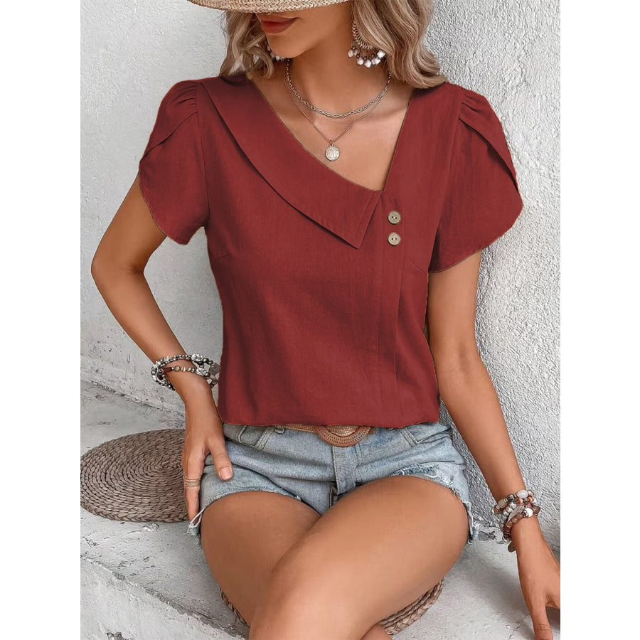 Asymmetrical Neck Petal Sleeve Blouse Apparel and Accessories