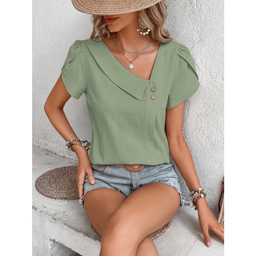 Asymmetrical Neck Petal Sleeve Blouse Apparel and Accessories