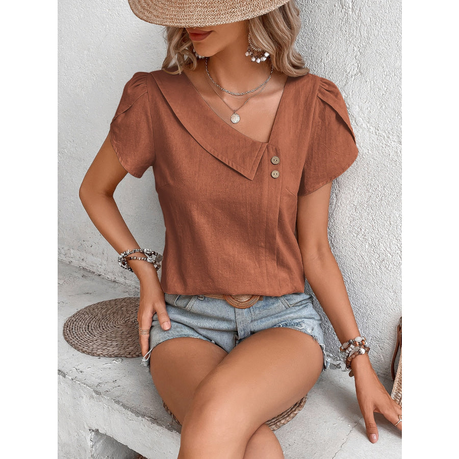 Asymmetrical Neck Petal Sleeve Blouse Apparel and Accessories