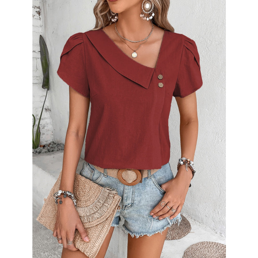 Asymmetrical Neck Petal Sleeve Blouse Apparel and Accessories