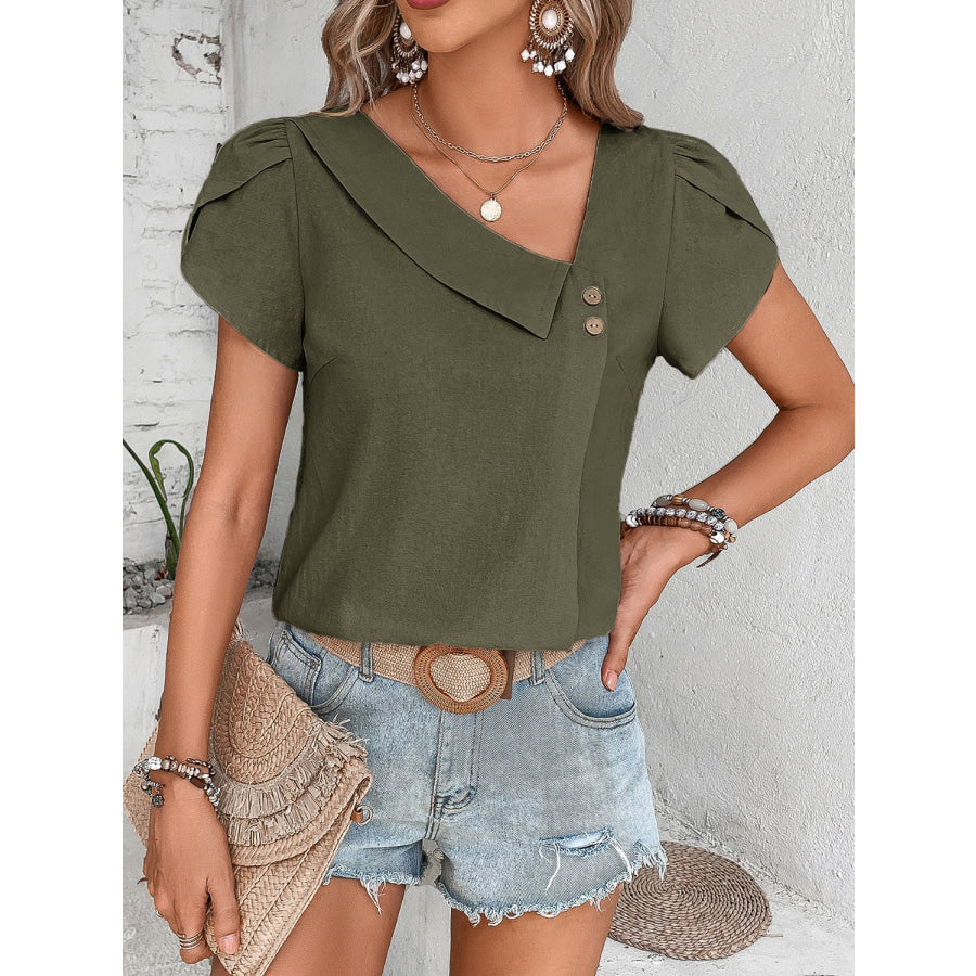 Asymmetrical Neck Petal Sleeve Blouse Army Green / S Apparel and Accessories