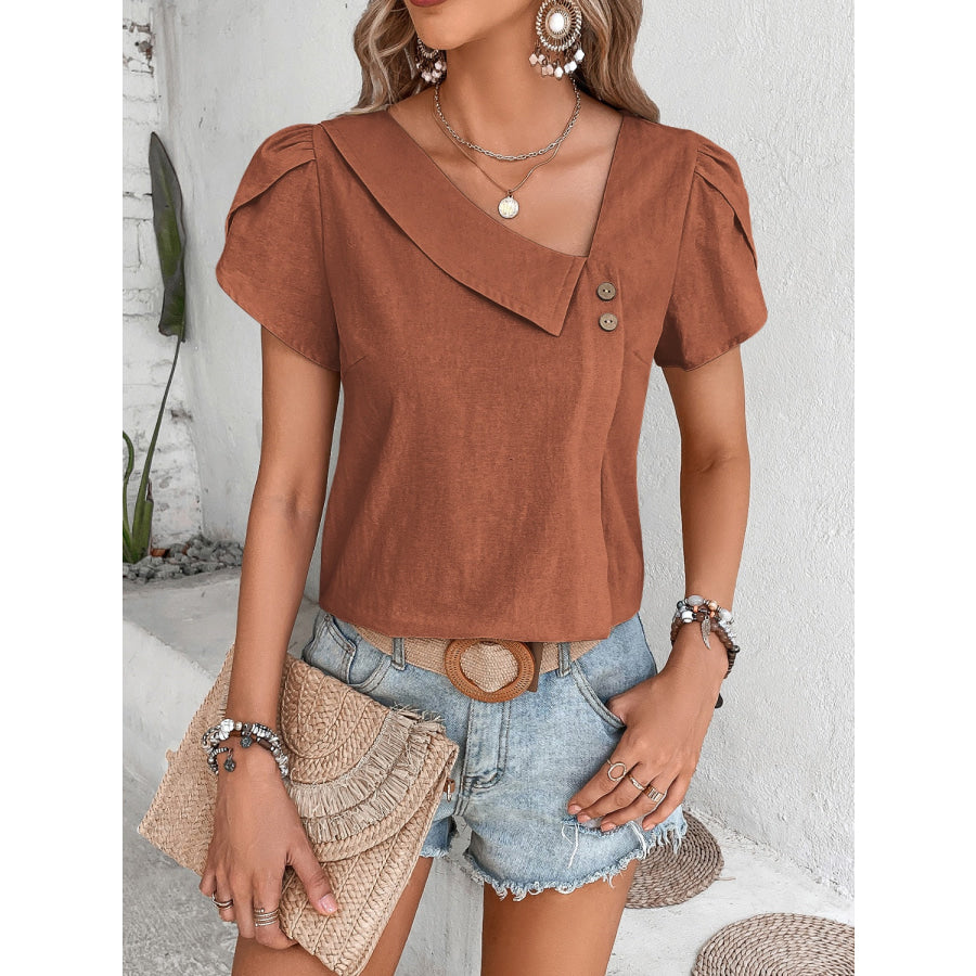 Asymmetrical Neck Petal Sleeve Blouse Brown / S Apparel and Accessories