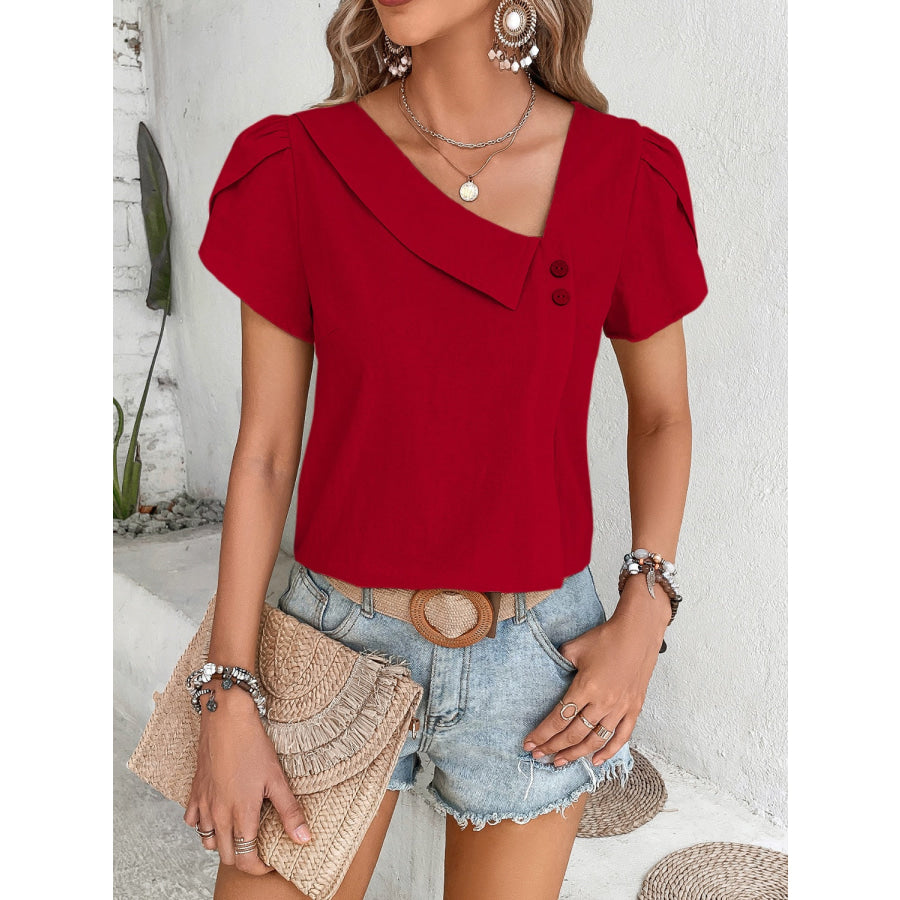 Asymmetrical Neck Petal Sleeve Blouse Deep Red / S Apparel and Accessories