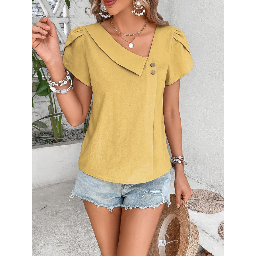 Asymmetrical Neck Petal Sleeve Blouse Pastel Yellow / S Apparel and Accessories