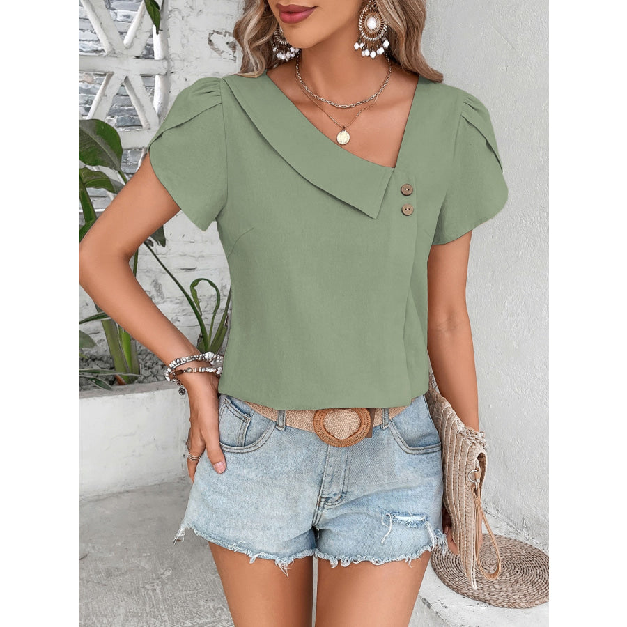 Asymmetrical Neck Petal Sleeve Blouse Sage / S Apparel and Accessories