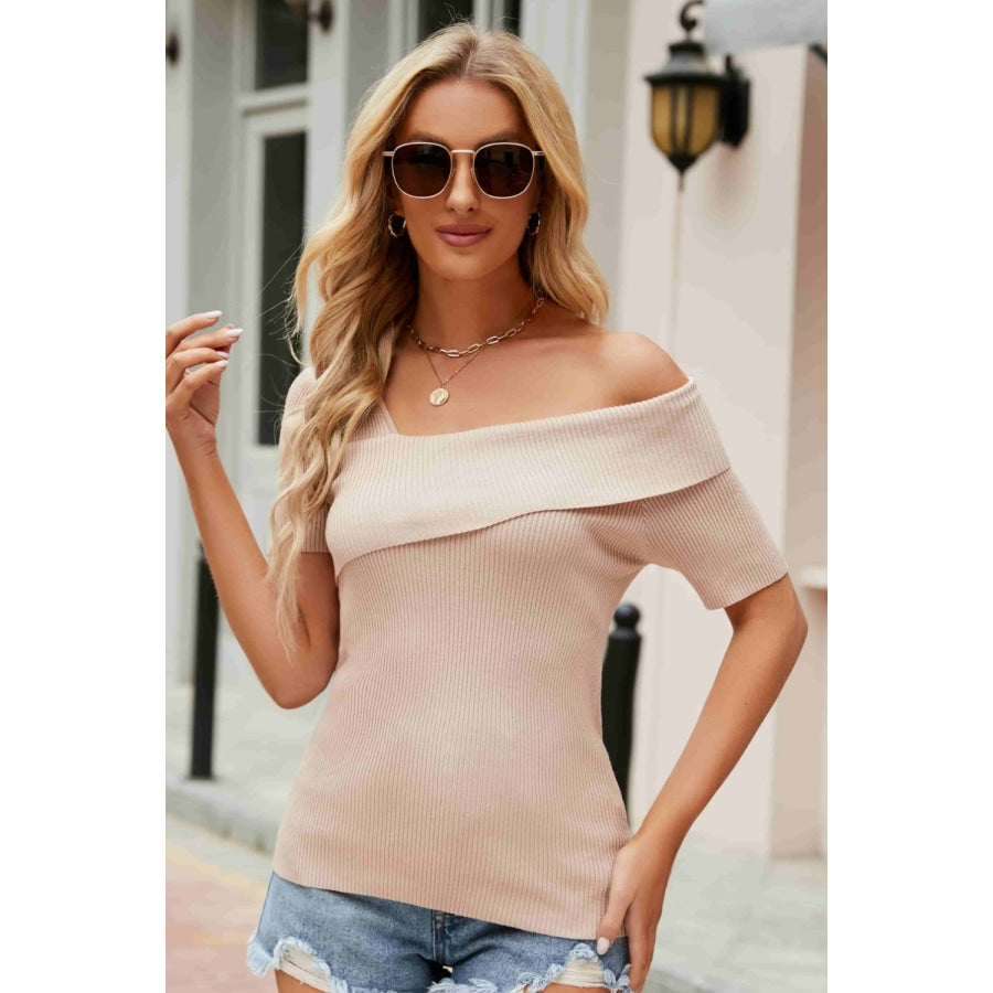 Asymmetrical Neck Rib-Knit Top Sand / S