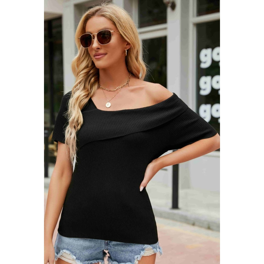 Asymmetrical Neck Rib-Knit Top