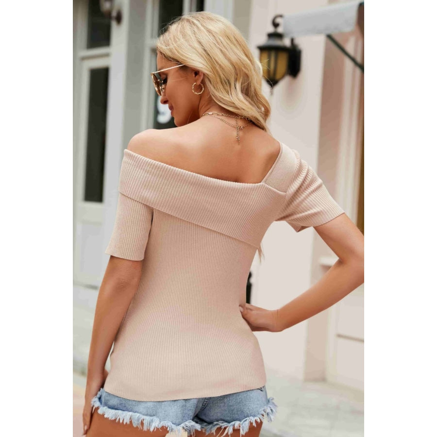 Asymmetrical Neck Rib-Knit Top Sand / S