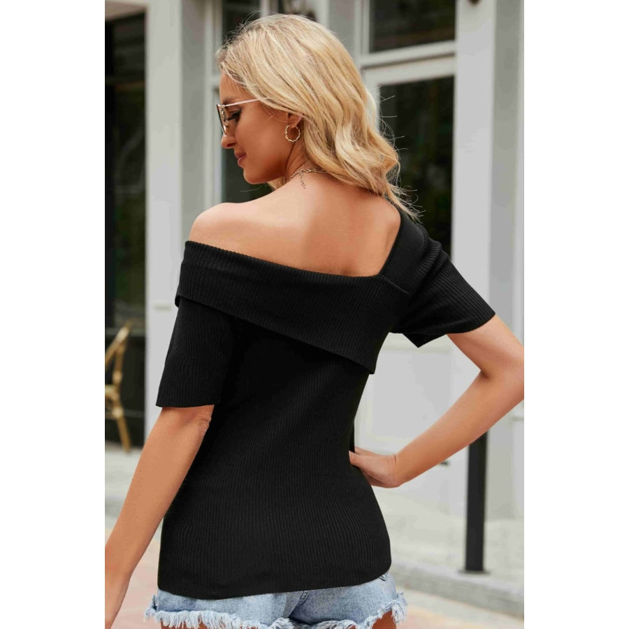 Asymmetrical Neck Rib-Knit Top