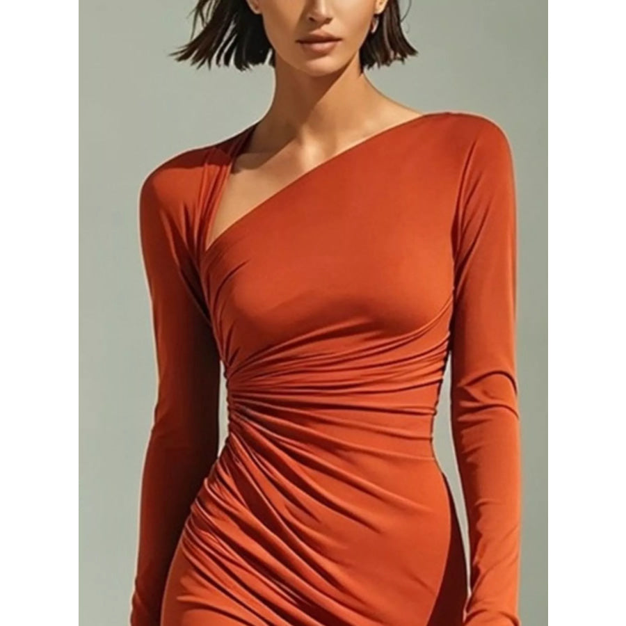 Asymmetrical Neck Ruched Long-Sleeve Dress Apparel and Accessories