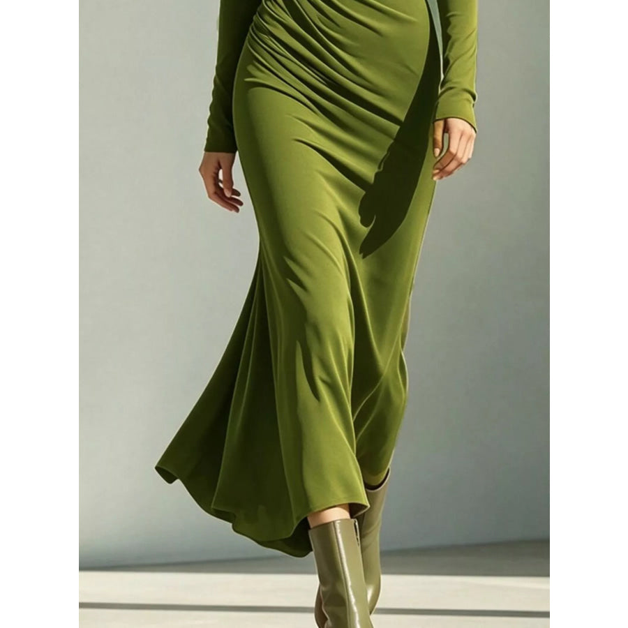 Asymmetrical Neck Ruched Long-Sleeve Dress Apparel and Accessories