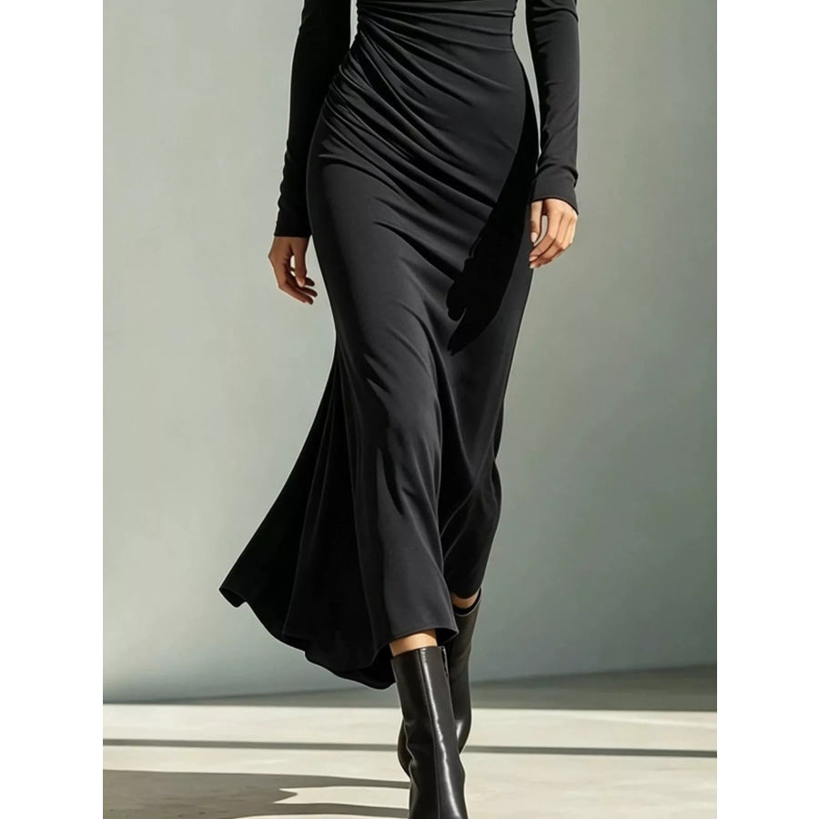Asymmetrical Neck Ruched Long-Sleeve Dress Apparel and Accessories
