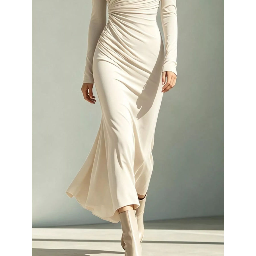 Asymmetrical Neck Ruched Long-Sleeve Dress Apparel and Accessories