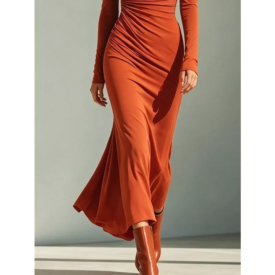 Asymmetrical Neck Ruched Long-Sleeve Dress Apparel and Accessories