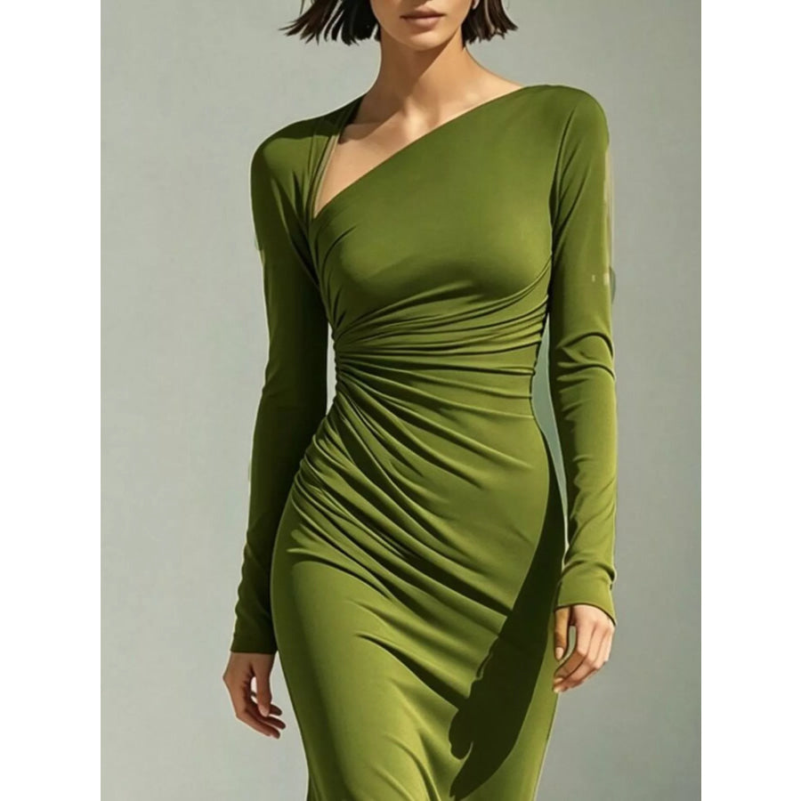 Asymmetrical Neck Ruched Long-Sleeve Dress Apparel and Accessories