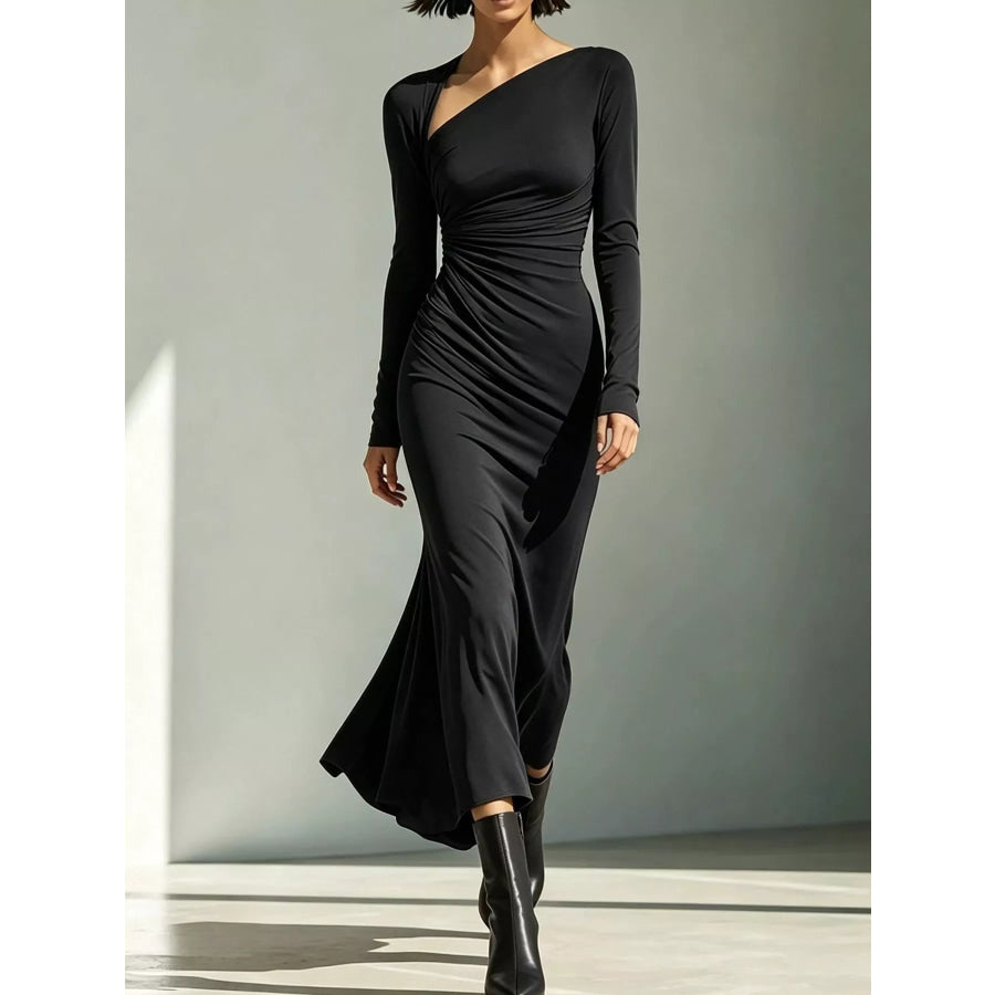 Asymmetrical Neck Ruched Long-Sleeve Dress Black / S Apparel and Accessories