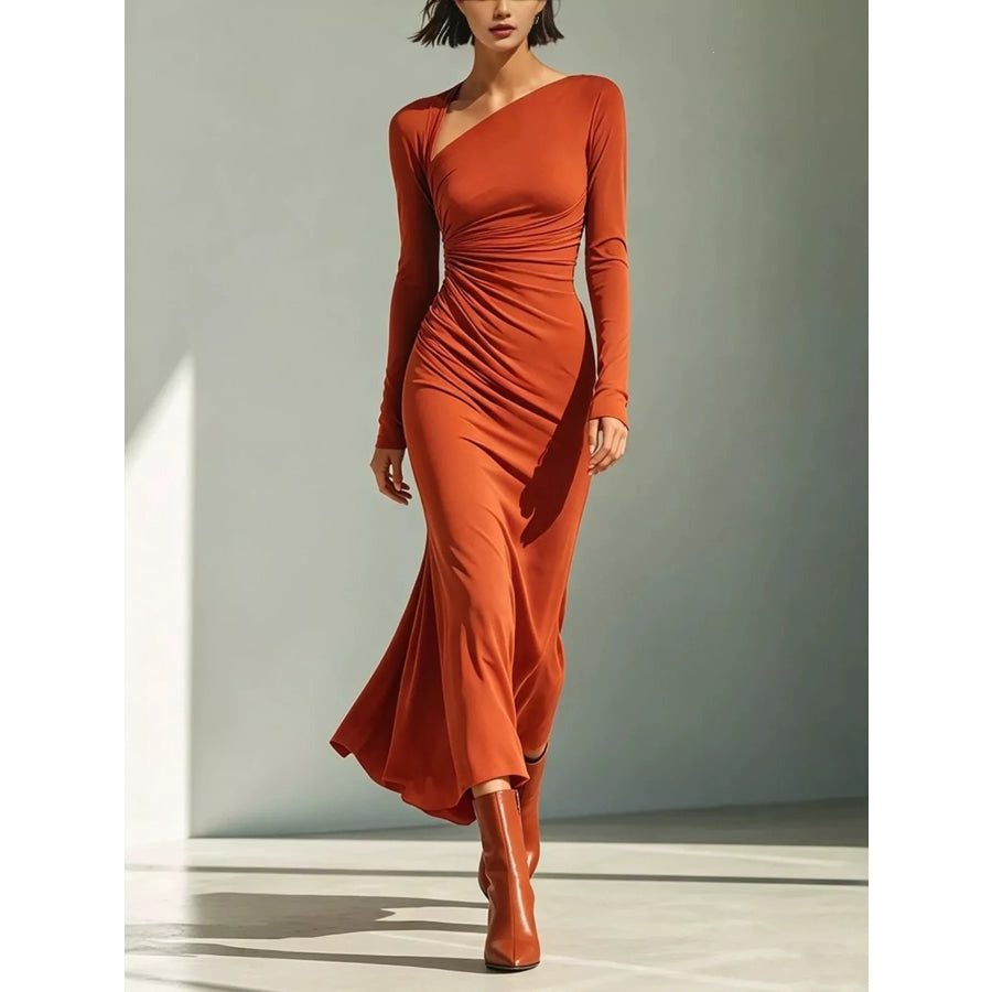 Asymmetrical Neck Ruched Long-Sleeve Dress Terracotta / S Apparel and Accessories
