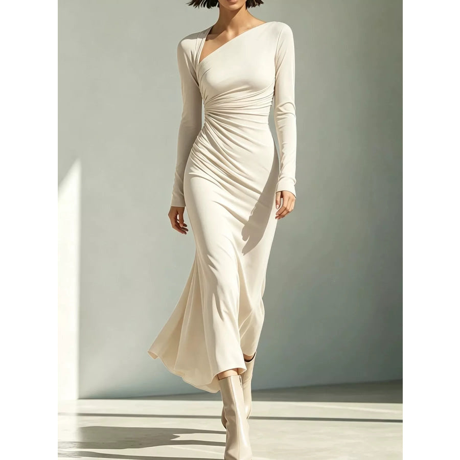 Asymmetrical Neck Ruched Long-Sleeve Dress White / S Apparel and Accessories