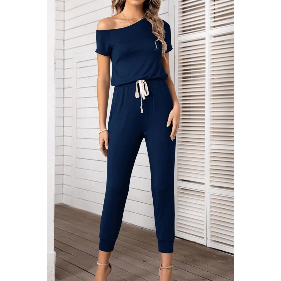 Asymmetrical Neck Short Sleeve Jumpsuit Navy / S