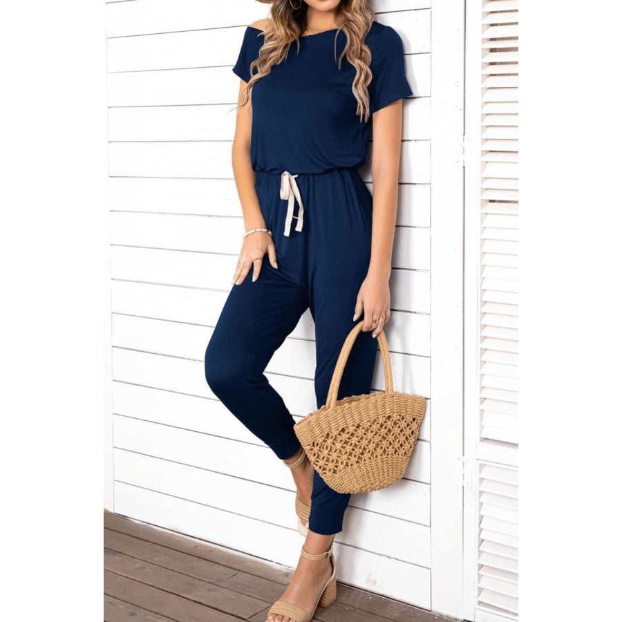 Asymmetrical Neck Short Sleeve Jumpsuit