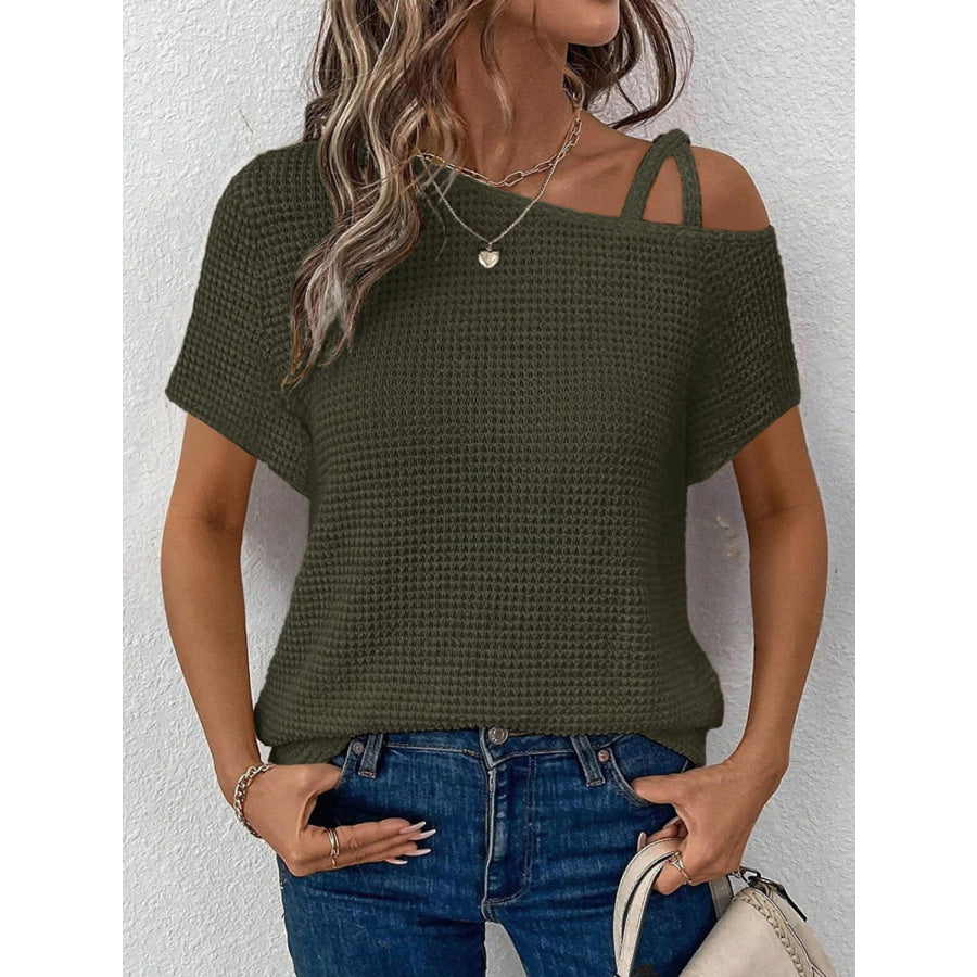 Asymmetrical Neck Short Sleeve T-Shirt Army Green / S Apparel and Accessories