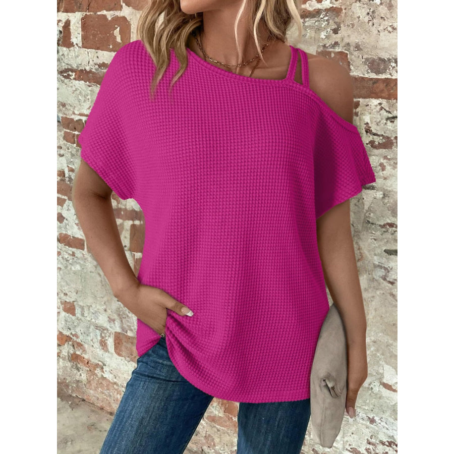 Asymmetrical Neck Short Sleeve T-Shirt Hot Pink / S Apparel and Accessories