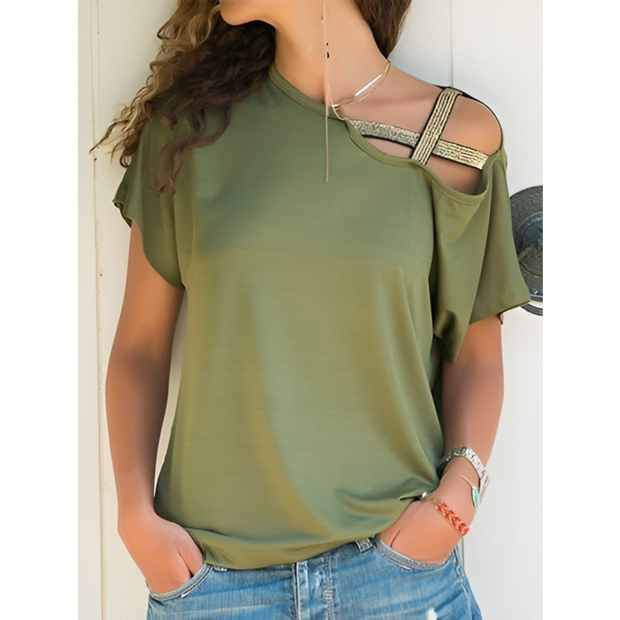 Asymmetrical Neck Short Sleeve T-Shirt Moss / S Apparel and Accessories