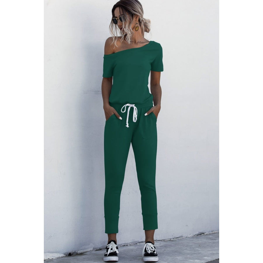 Asymmetrical Neck Tied Jumpsuit with Pockets Forest / S