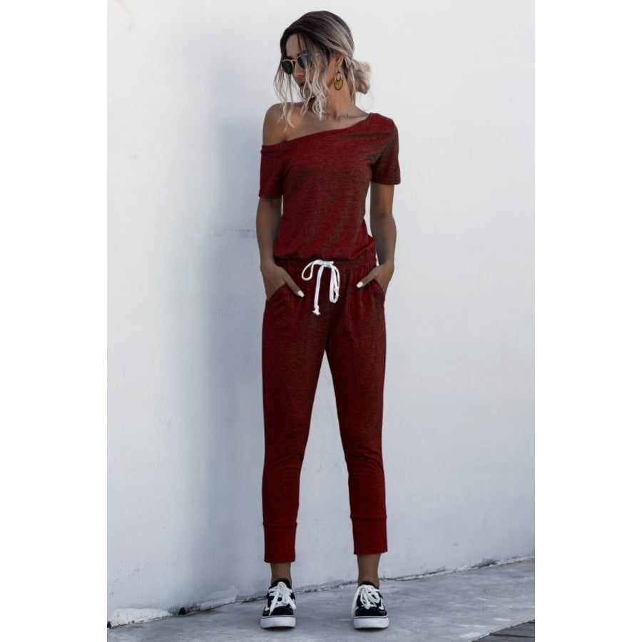 Asymmetrical Neck Tied Jumpsuit with Pockets Wine / S