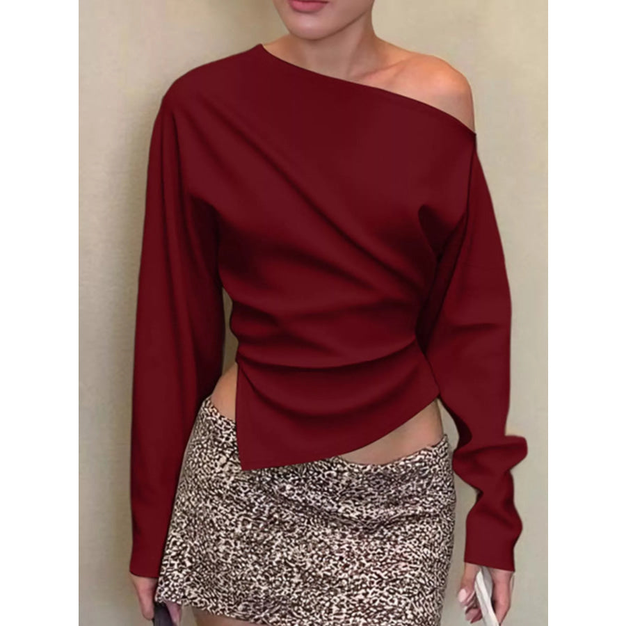 Asymmetrical Off-Shoulder Long Sleeve T-Shirt Burgundy / XS Apparel and Accessories